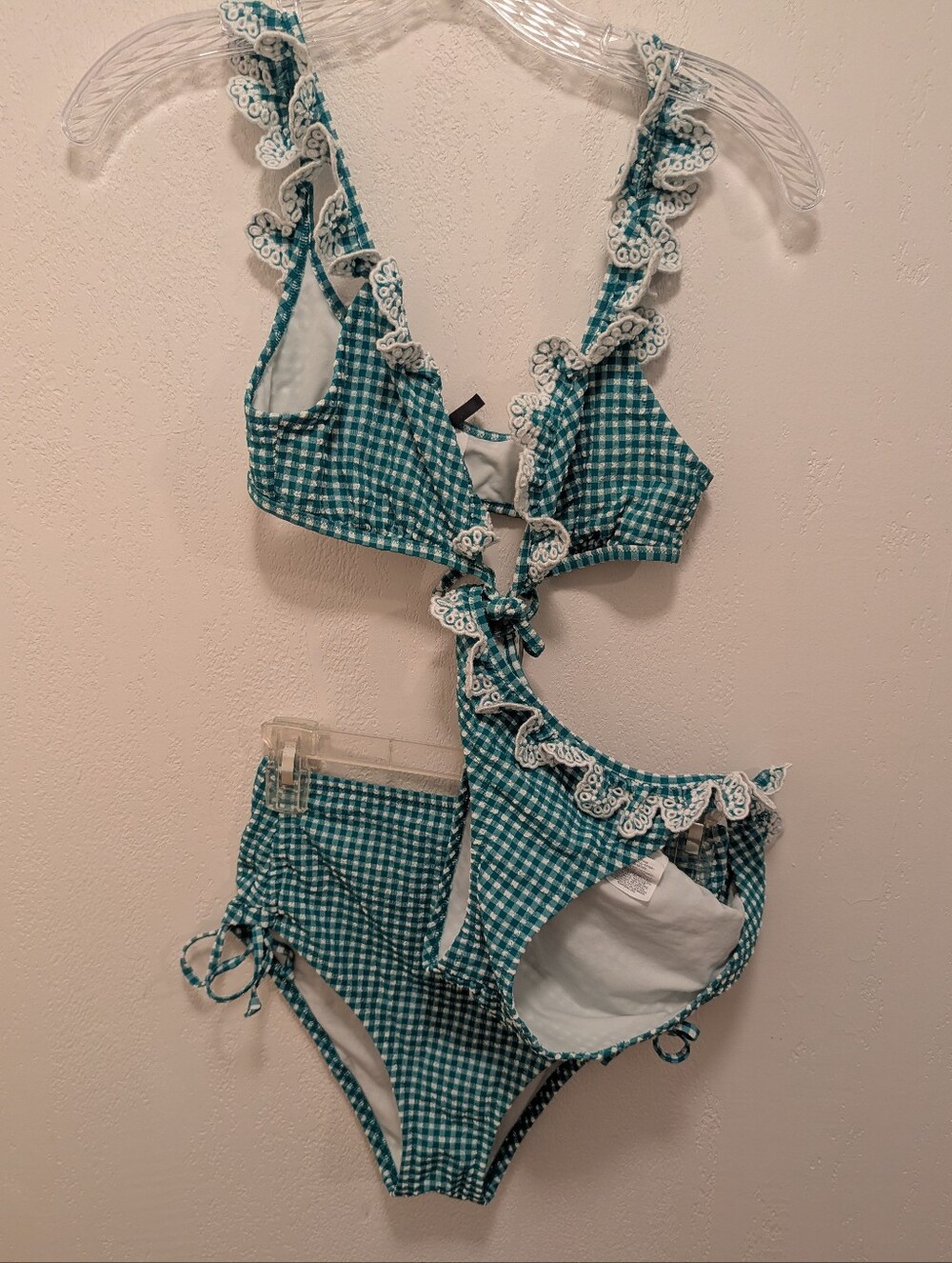 J. Crew 3-Piece Green Scalloped Ruffle Bikini Top & 2 Bottoms, Textured Gingham